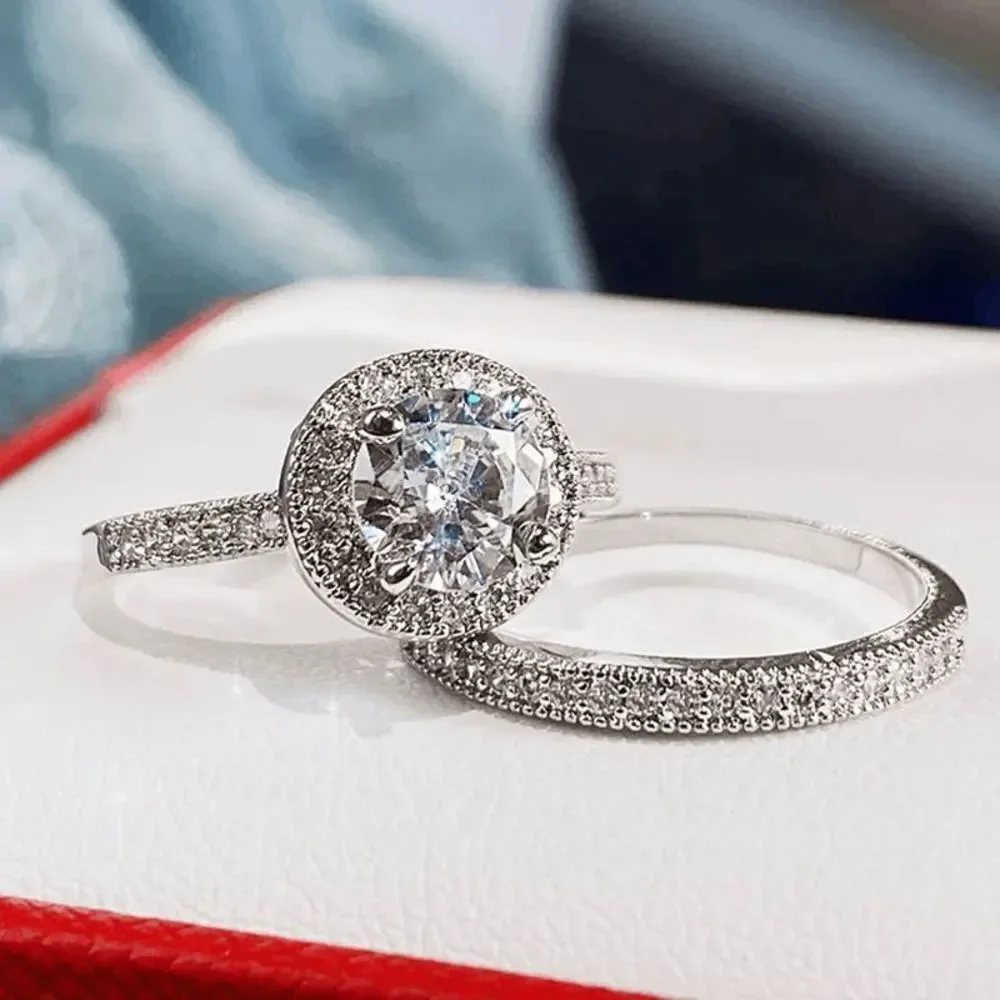 Gorgeous 2 Pc set Silver Color 4 Prong Zircon Luxury Ring